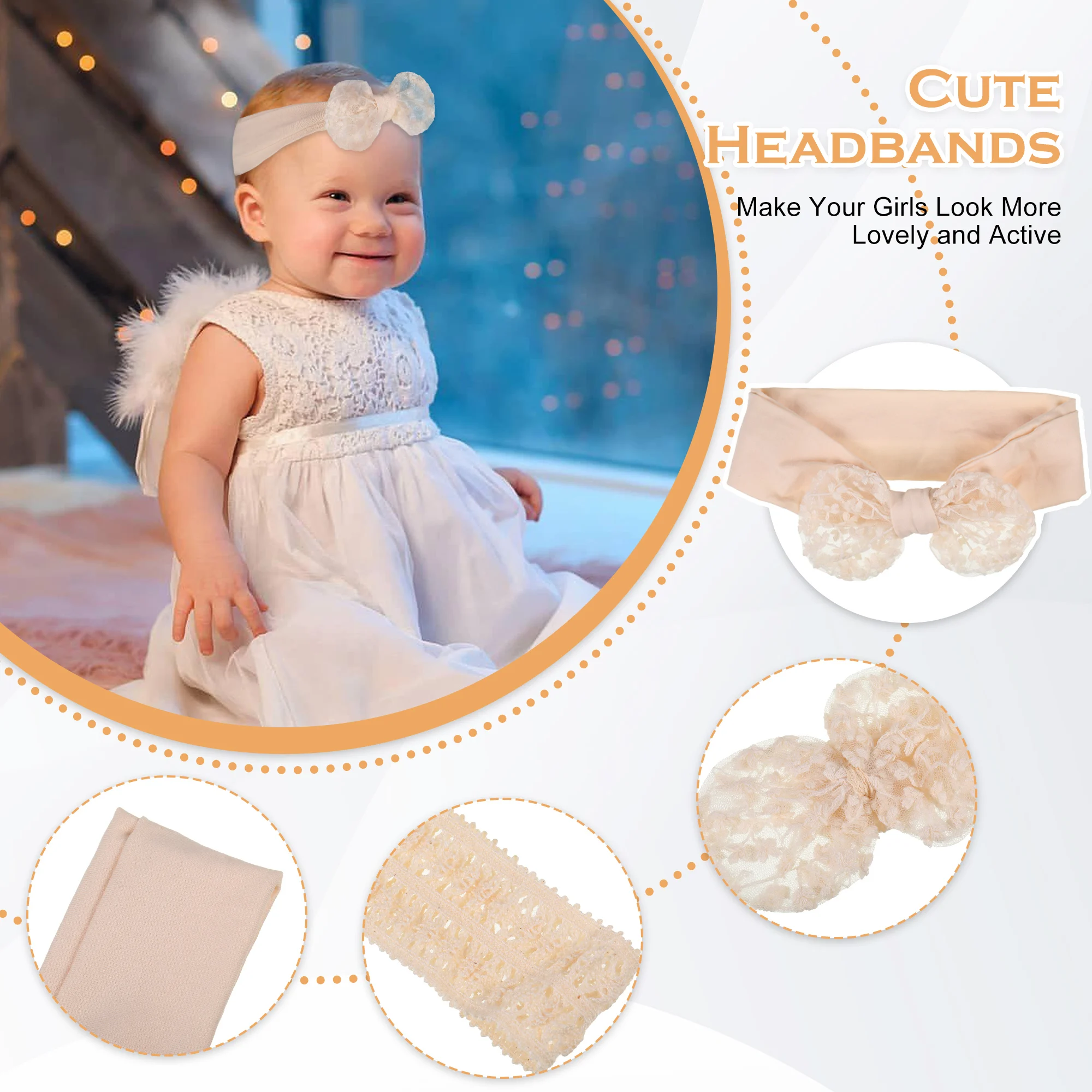 3x Beige Soft And Comfortable Baby Girl Bows Headband Gifts Wide Application Stylish And Cute