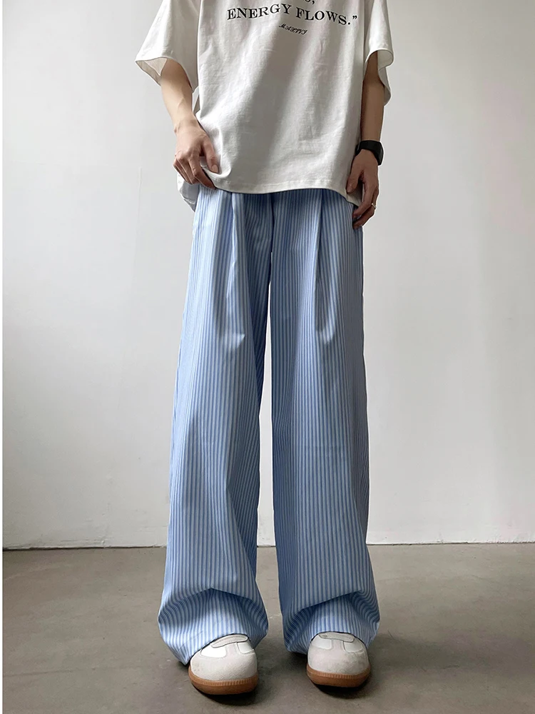 

Summer Thin Blue Striped Men's Loose Straight Leg Pants Casual Elastic Waist Long Trousers Versatile Floor-Length Leisure Pants
