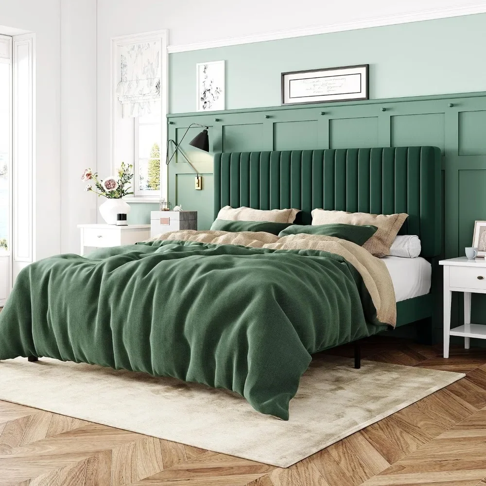 Bed Frame, Velvet Upholstered Platform Bed with Adjustable Vertical Channel Tufted Headboard, Mattress Foundation