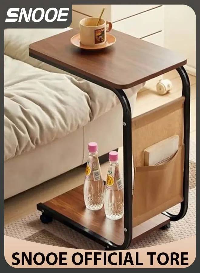 Modern Style C Shaped Narrow Laptop End Table with Wheels Snack and Side Pocket for Living Room Bedroom Sofa Bed