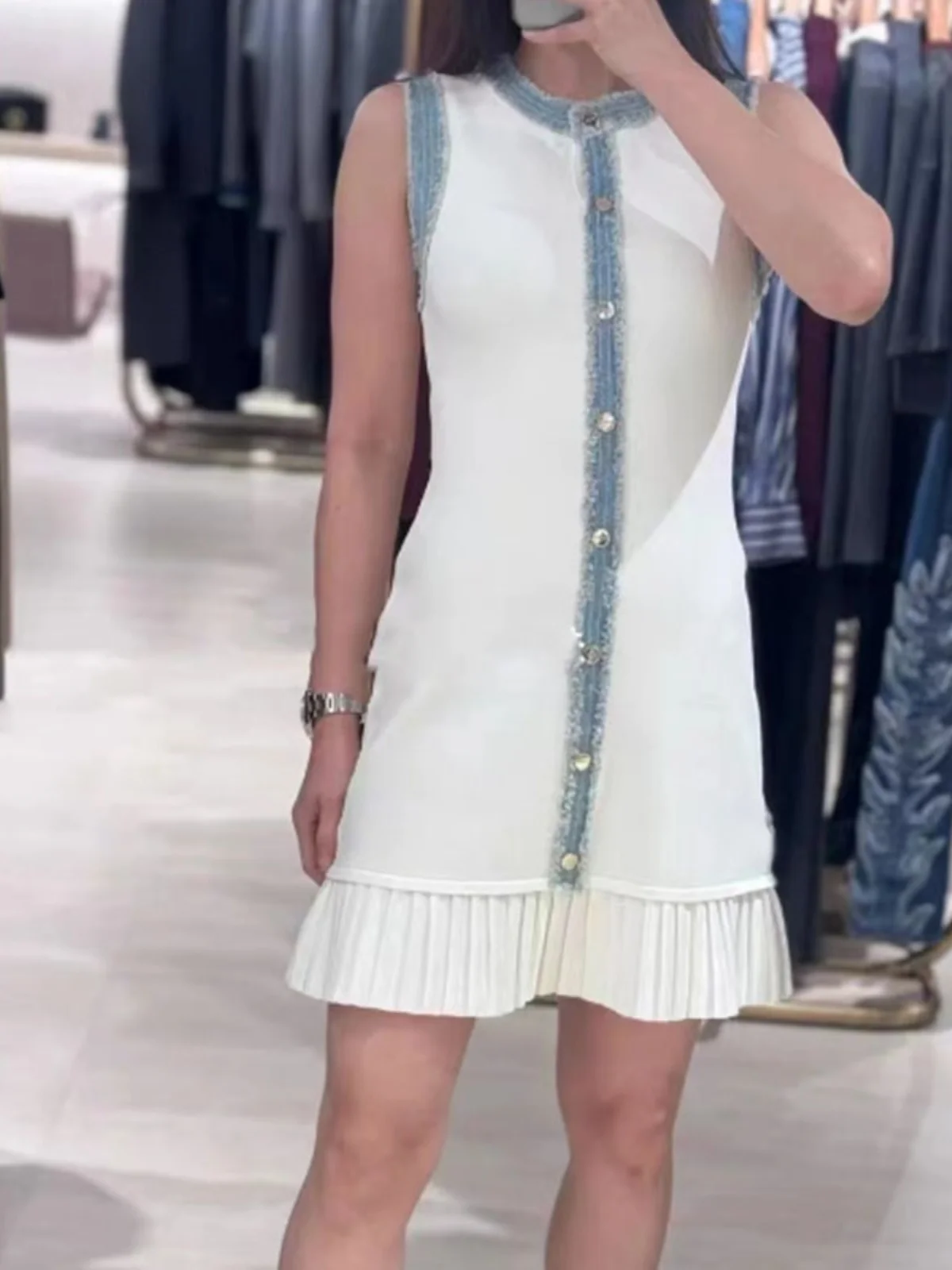 

Early Spring S-Home Simple Denim Patchwork Svel Color Blo Pleated Hem Knitted Dr Casual Sle A-Line Skirt