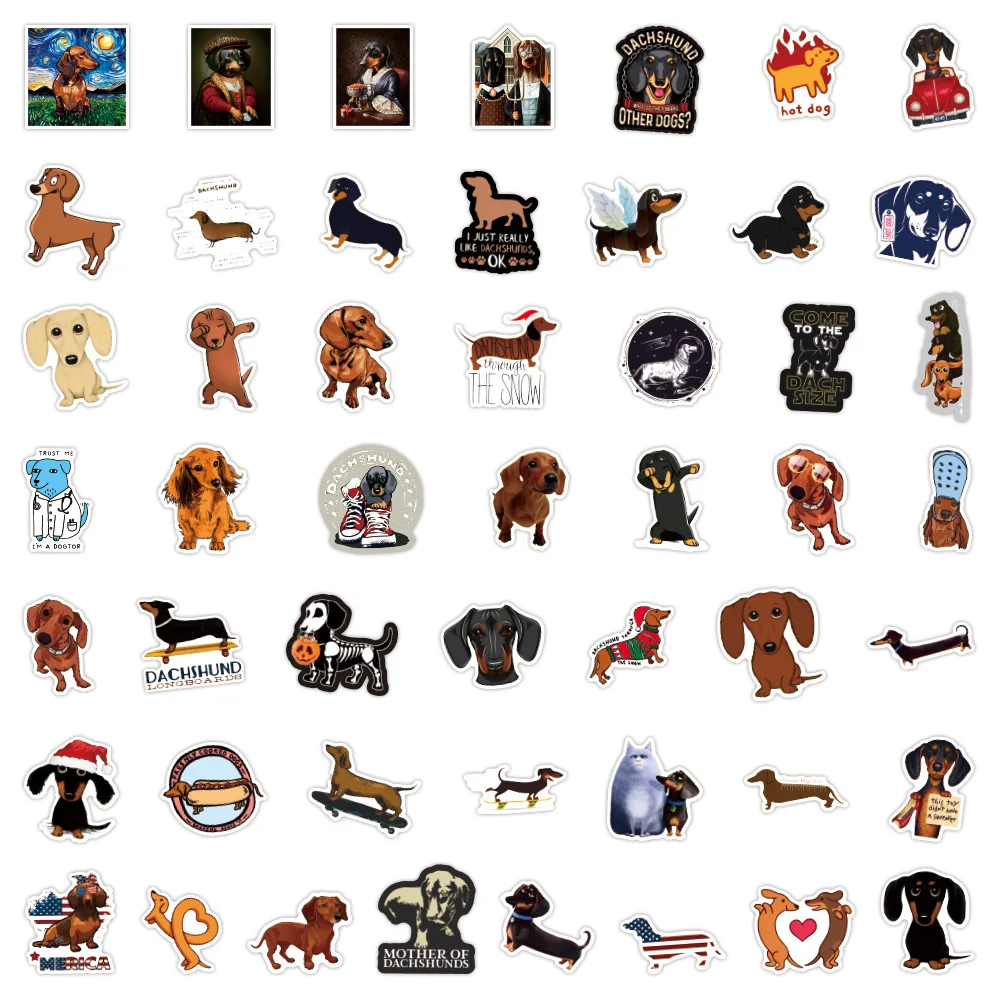 50 PCS Dachshund Dog Sticker Waterproof For on Skateboard Hydro Fask Laptop Suitcase Cute Animal Cartoon Stickers