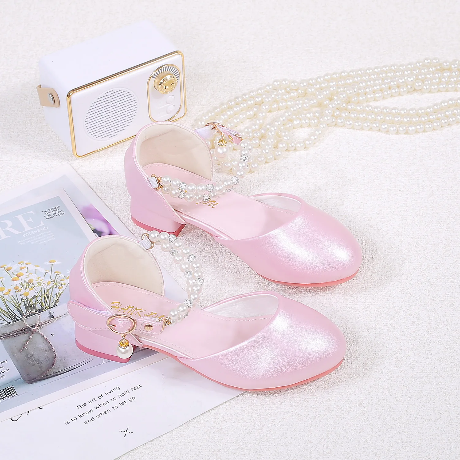 Children's High Heels 2025 Spring New Girls Princess Mary Jane Shoes 26-38 Kids Sandals Beaded Buckle Student Dance Party Shoes