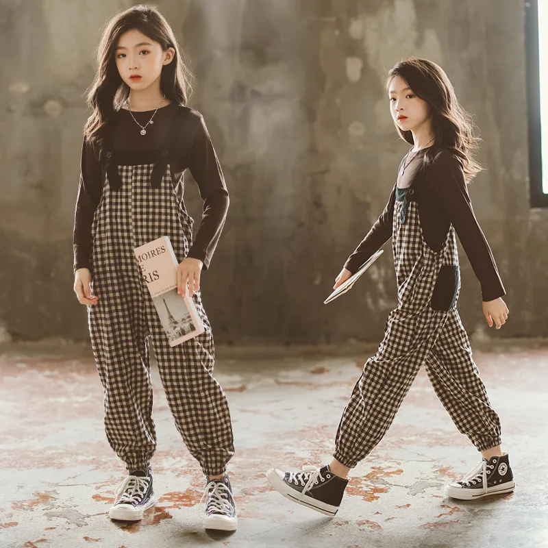 2024 Korean Spring Autumn Children Girl 2PCS Clothes Set Junior Girl Long Sleeve Undershirt+Checkered Overall Set For Girls