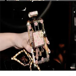 Diamond Perfume Bottle Phone Case with Rhinestone Chain, Luxury Glitter Bling, DIY, for iPhone 15, 14, 16, 12, 13 16Pro