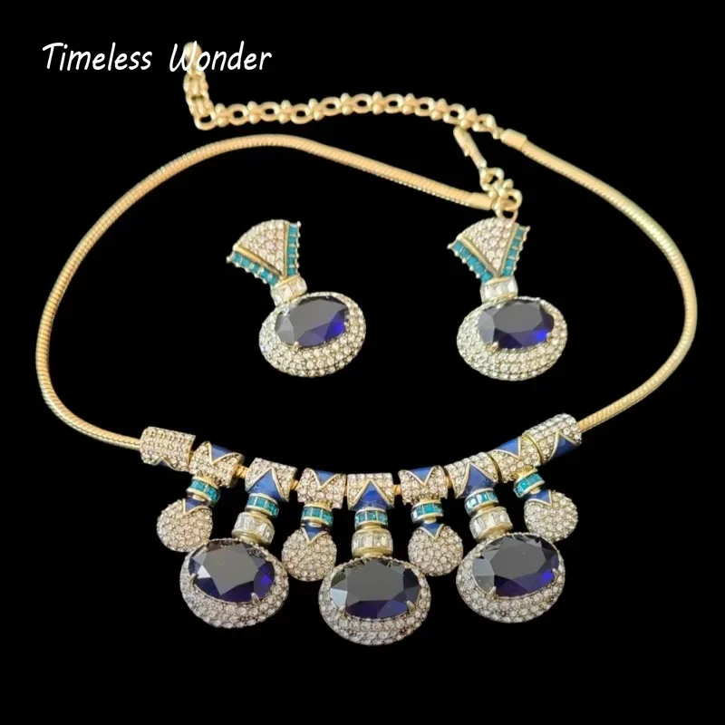 

Timeless Wonder Fancy Enamel Zircon Geo Pave Necklace N Stud Earrings Women Designer Fine Jewelry Set Classy Rare Vintage 4612