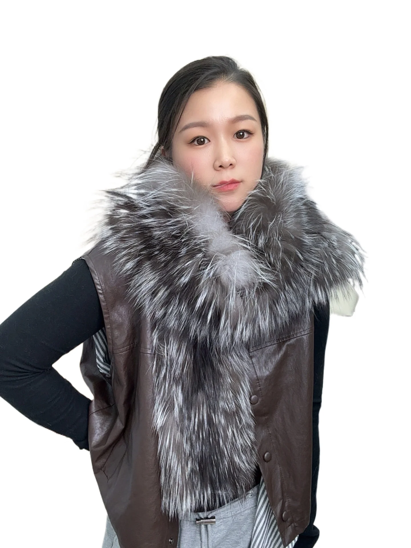 

Новый тканый двусторонний женский шарф из лисьего меха, длинный шарф для зимнего тепло, элегантный серебряный меховой воротник в корейском стиле.