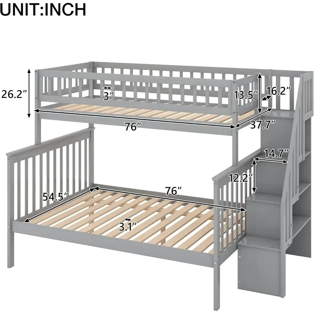 Bunk Beds with Stairs with Storage and Guard Rails Bunks Beds Twin Over Full Size for Kids, Bedroom Teens, Adults, Wood Bunk Bed