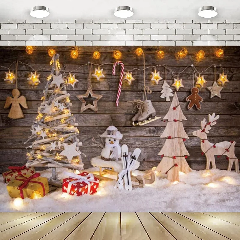 Christmas Theme Photography Backdrop Trees Snowman Deer Box Snow Hanging Ornament Light Background Wooden Wall Banner Decoration