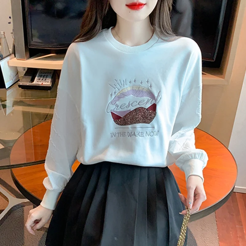 Dames Thiened Hoodie Sweatirt Vroege herfst Faion Loose Match All Printed Long Sve round Ne Korean Sle Long