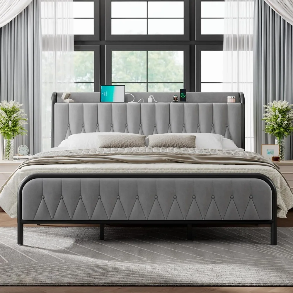 Feonase King Bed Frame with Type-C & USB Port, Metal Platform Beds, with Velvet Upholstered Headboard & Footboard