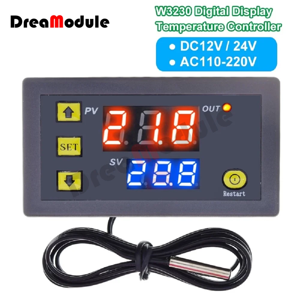 W3230 12V 24V AC110-220V Probe Line 20A Digital Temperature Control LED Display Thermostat with Heat Cooling Control Instrument