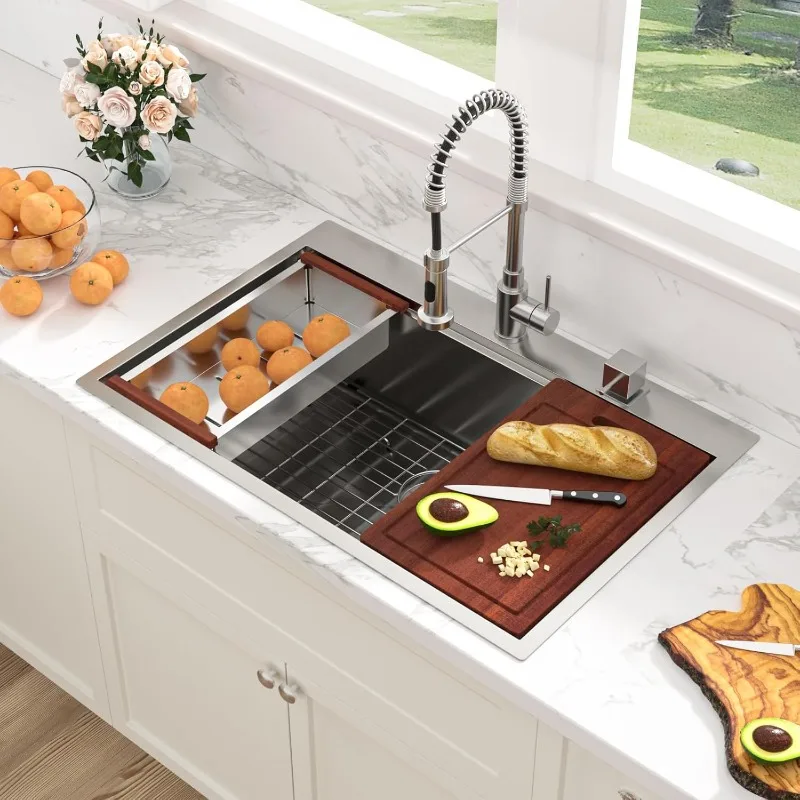 Sarlai Drop In Kitchen Sink - 33x22 Drop In Kitchen Sink Ledge Workstation