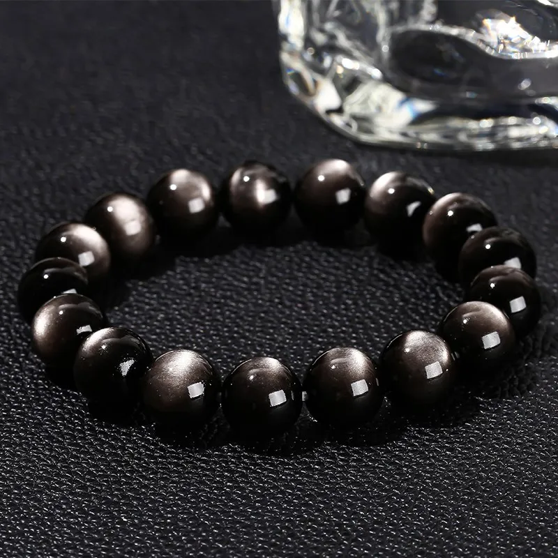 JD 8A Quality Natural Silver Color Irisation Obsidian Strand Bracelets Women Men Energy Balance Flash Bangles Stretch Jewelry