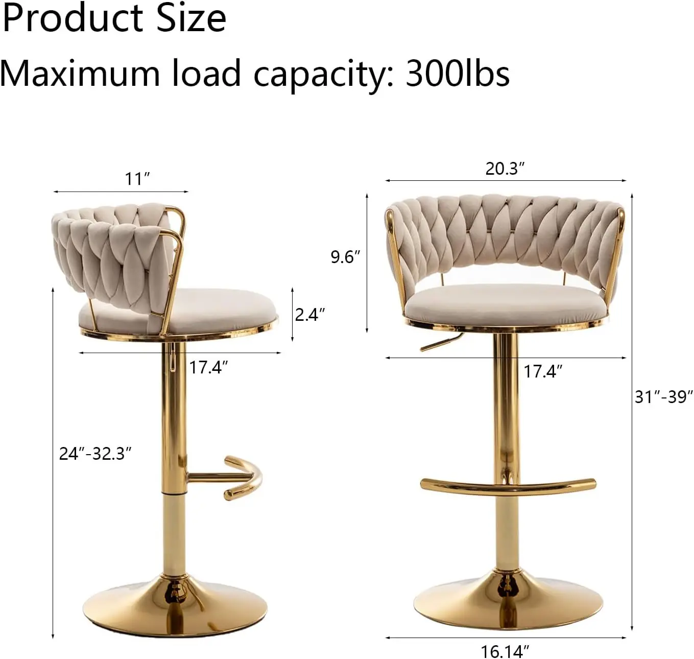 Juego de 2 taburetes de bar de terciopelo, taburetes de bar de altura de mostrador con respaldo bajo, taburete de bar giratorio dorado para isla de cocina, bar pub (beige)