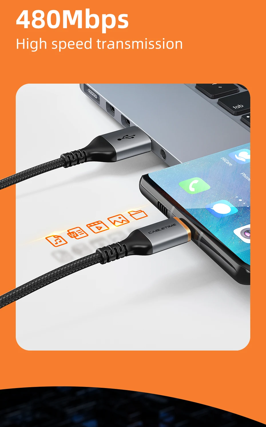 CABLETIME 3A USB Typ C Kabel Schnelllade-USB-Kabel QC3.0 Datenkabel 18 W für iPhone 15 Samsung S23 Xiaomi 11 Pro USB C Daten – Detail 4