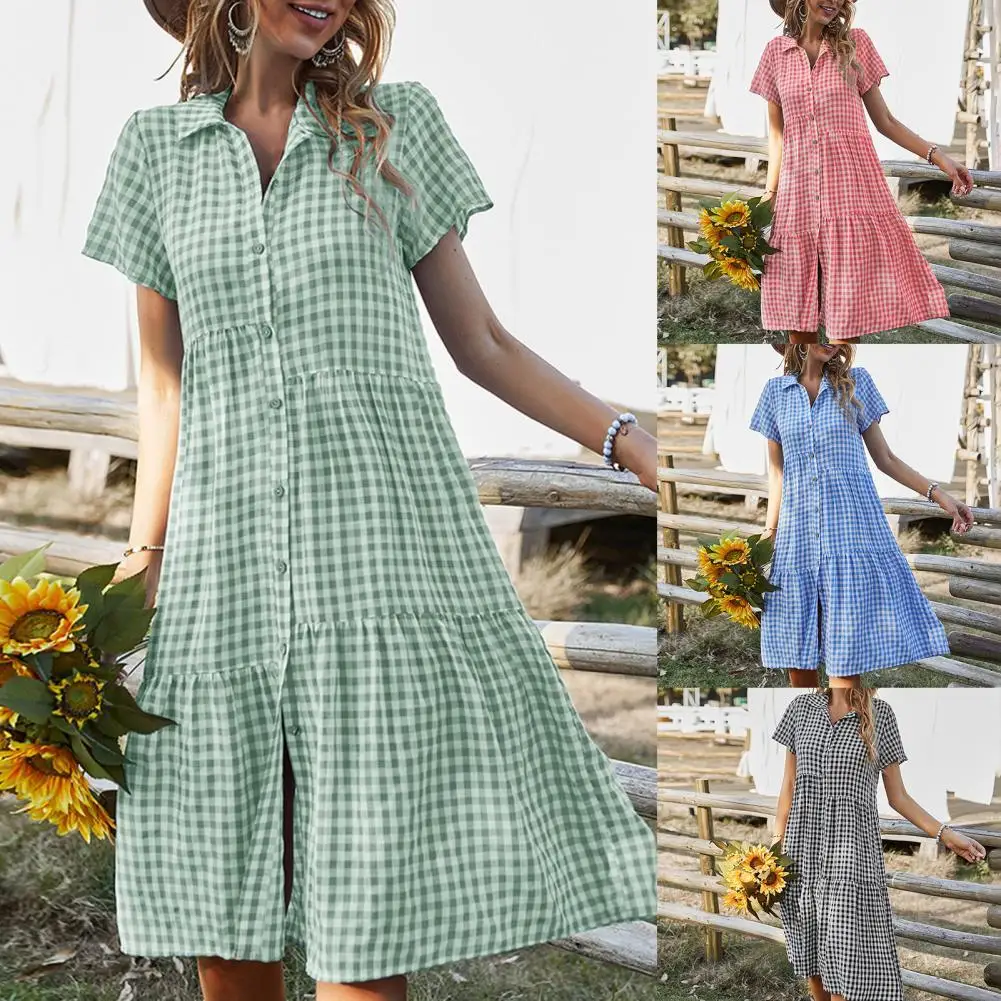 

Women Dress Plaid Pleated Summer Loose-fitting Buttons Midi Dress for Beach