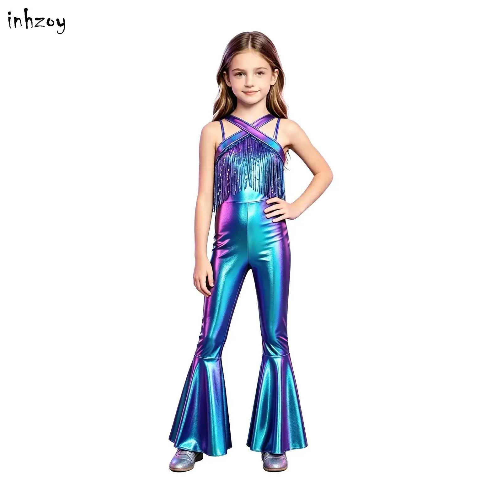 Kids Girls 70s Disco Hippie Flared Jumpsuit Sleeveless Sequins Tassels Retro Rhythmic Hip Hop Latin Jazz Dance Stage Costume