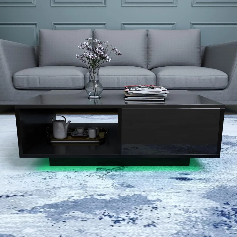 43.3IN Black Coffee Tables for Living Room  Modern Coffee Table with Storage Drawer Rectangle Center Table for Home Furniture