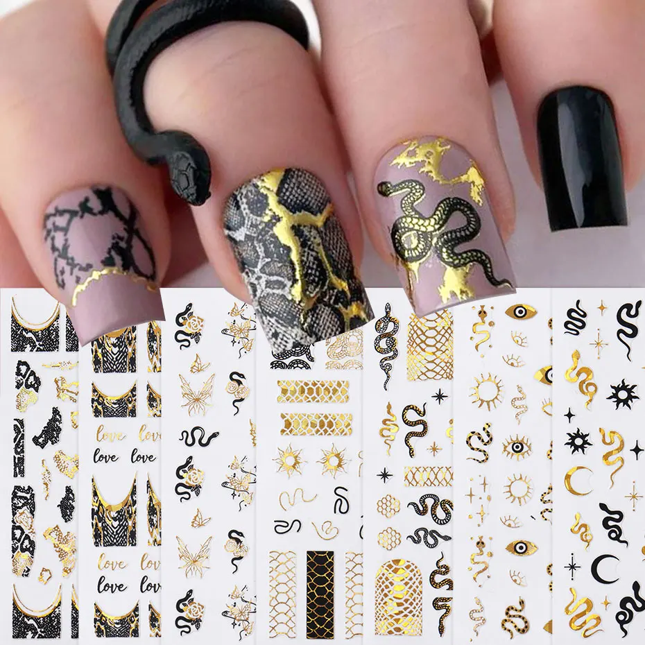 7pcs Golden Black Snake Nail Art Stickers 3D Bronzing Animals Print Nail Slider Y2K Sun Star Geometric Japanese Manicure Decal