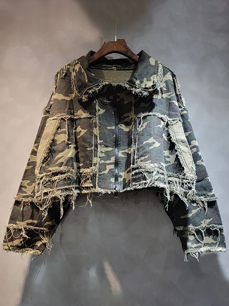 DEAT Women\'s Denim Jackets Loose Camouflage Printed Burrs Edge Distressed Female Short Coat Autumn 2024 New Fashion 11A0990