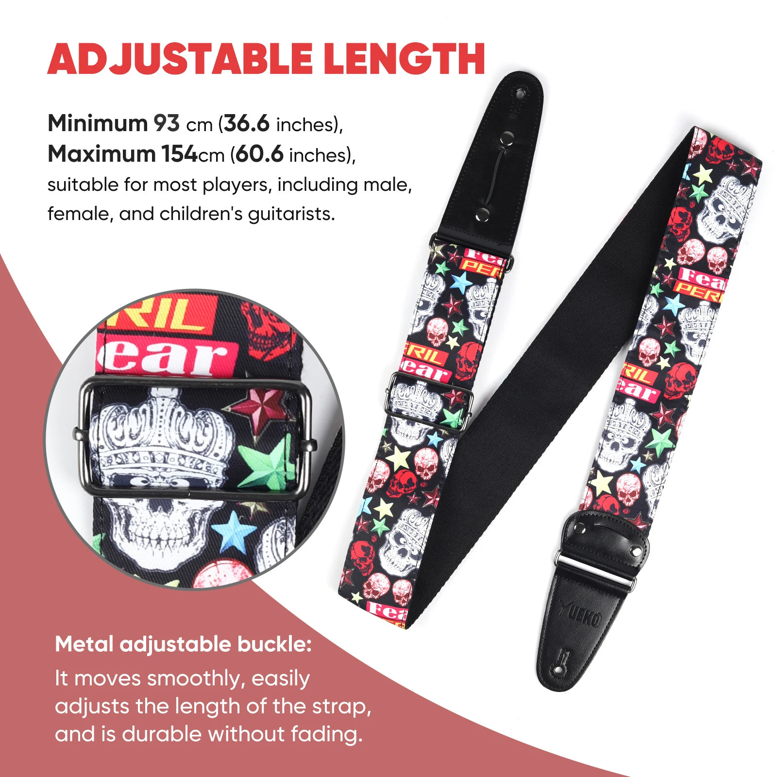Individuality Color Exotic Style Skull Guitar Strap Electric Guitar Bass Widen 2.5 Inch Universal Belt with PU Leather End