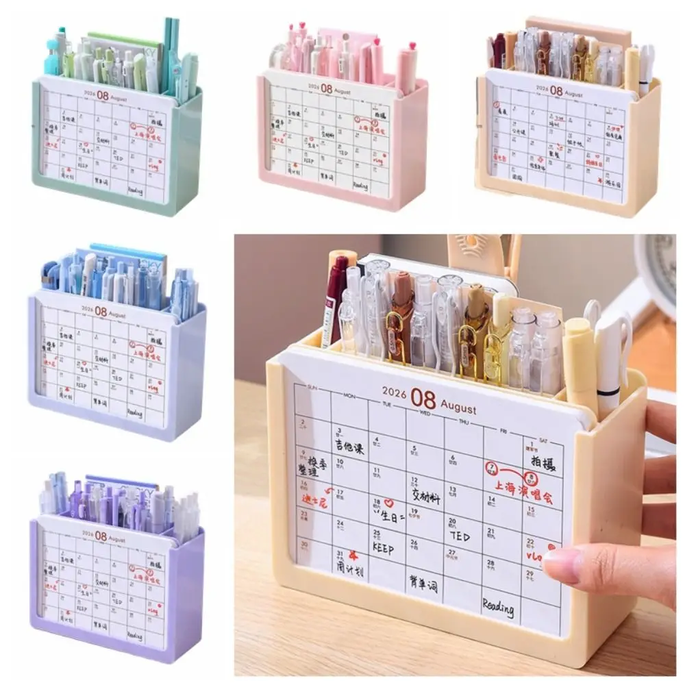 Space-Saving 2027 Desk Calendar Pen holder 3 Grids Plastic Desktop Stationery Organizer October 2026 - December 2027 Durable
