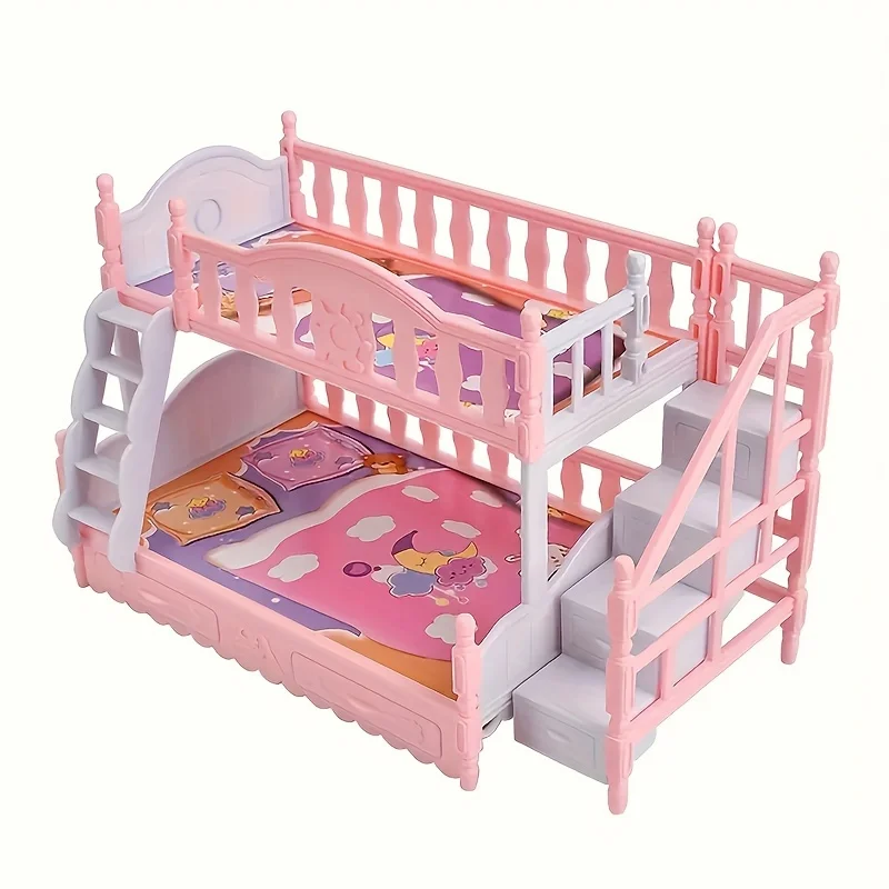 Charmant ensemble de jouets de lit superposé de style européen – Combinaison de meubles en plastique colorés, adapté aux jeux de rôle, décoration de la maison et