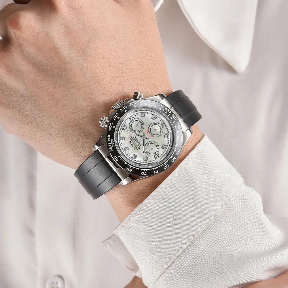 39 มม.เงินนาฬิกาข้อมือผู้ชาย VK63 การเคลื่อนไหวควอตซ์ chronograph Sapphire Glass ยางหรูหราธุรกิจผู้ชายนาฬิกาที่กําหนดเอง