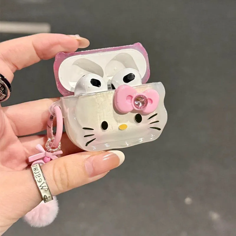 Cartoon Pink Kitty Cat Bow Earphones Case for Apple AirPods Pro 3 Pro2 4 3 2 1  Protective Sleeve with Keychain - view 4