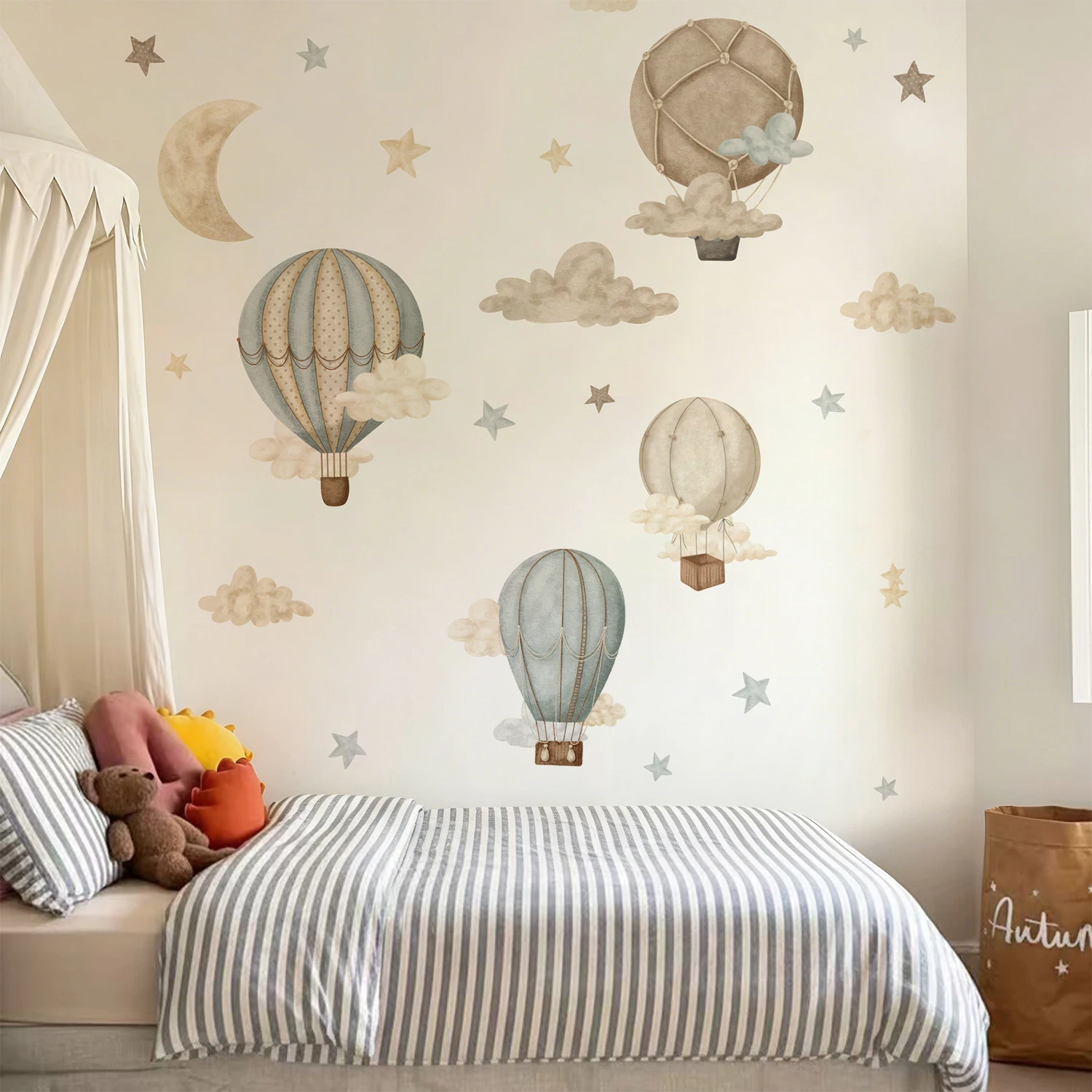 Watercolor Hot Air Balloon Fabric wall Sticker Peel and Stick Stars Clouds Decals for Baby Nursery Kids Bedroom Playroom Decor