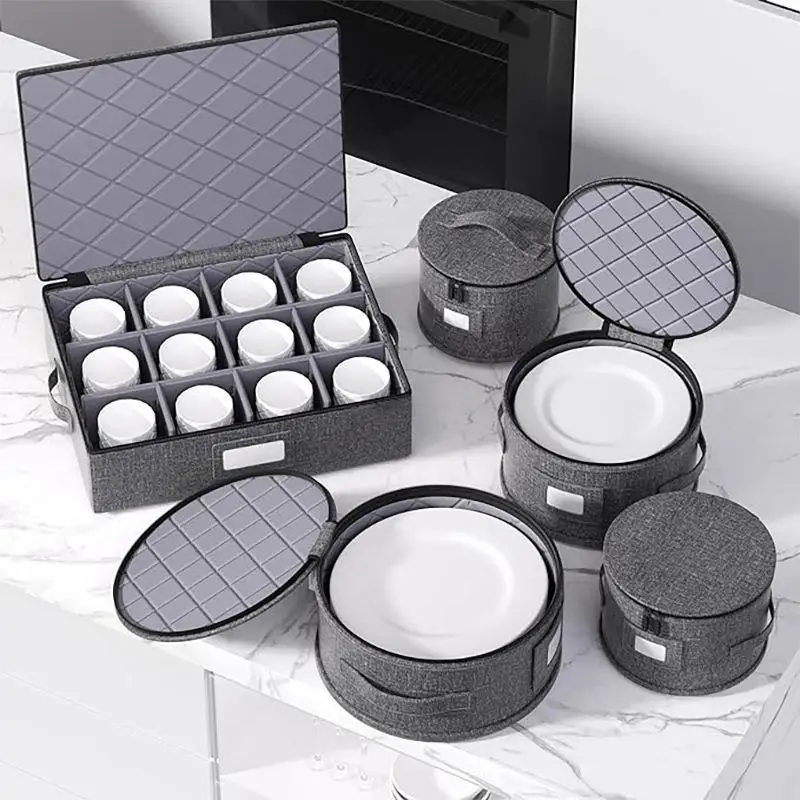 five-piece-set-fabric-kitchen-storage-box-dustproof-round-barrel-cross-border-dining-tableware-organizer-with-cover