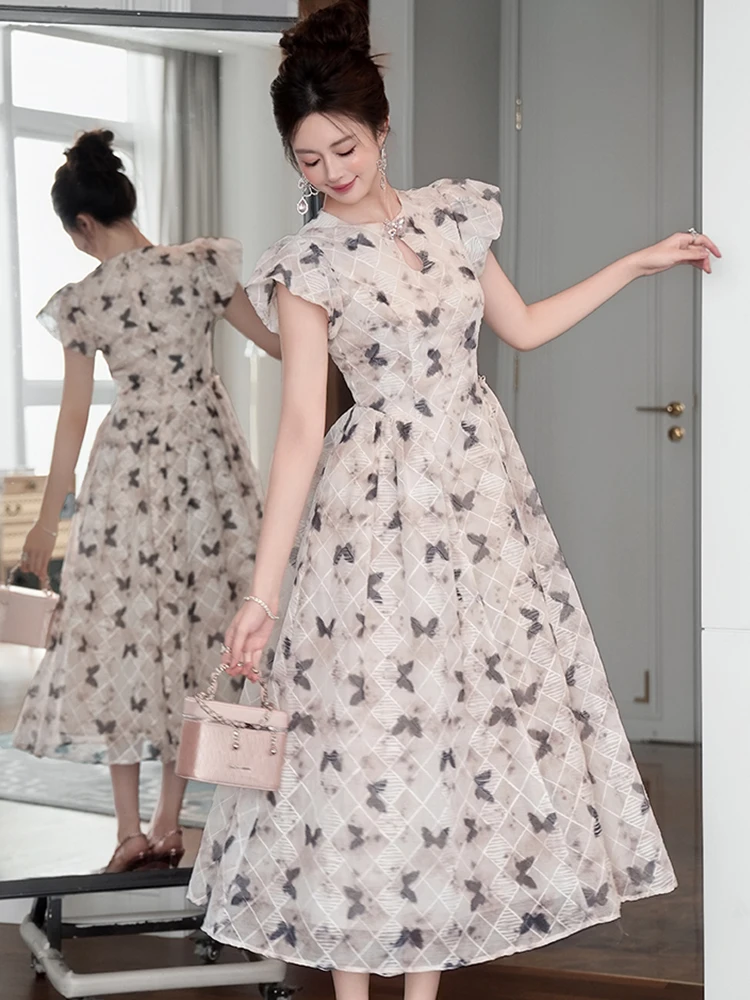 Abiti lunghi Qipao alla moda per le donne Abito cheongsam a pieghe dolce Stampa Hollow Cut Out Party Robe Abiti da sera da ballo femminili