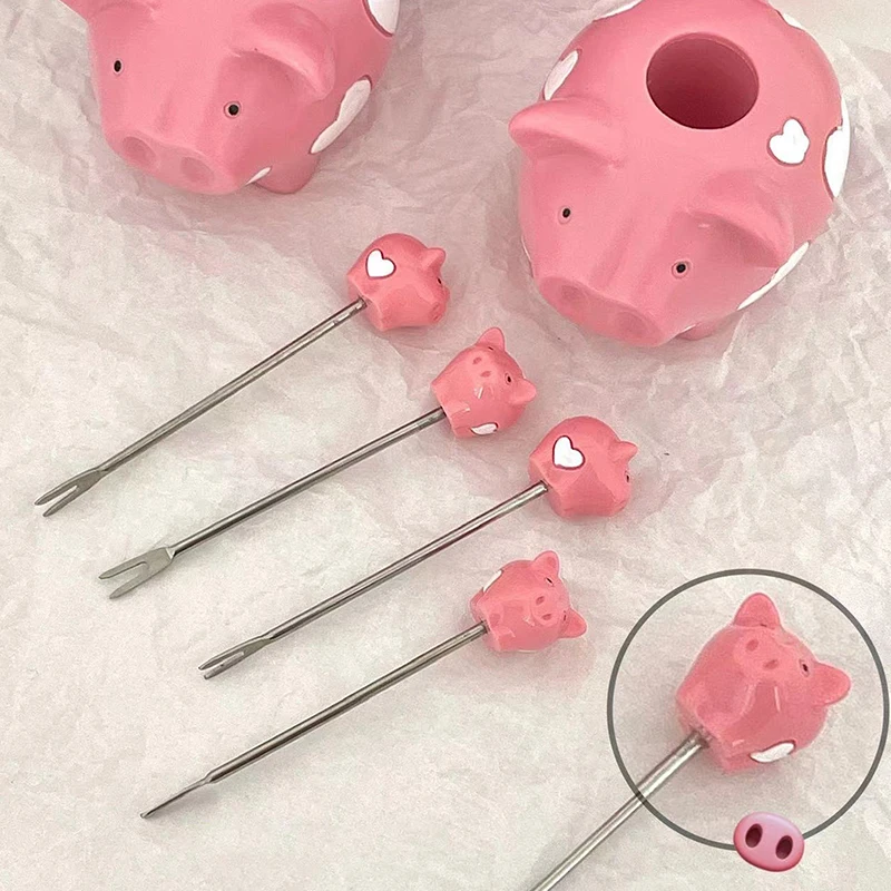 Creative Cartoon Piggy Animals Fruit Fork Home Cake Dessert Fork Cute Desktop Decoration Stainless Steel Snacks Fruit Sticks