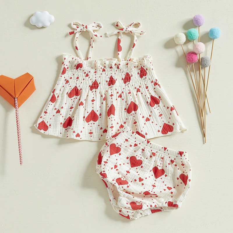 Baby Girls Heart Shorts Set Sleeveless Smocked Camisole Elastic Waistband Shorts Valentine s Day Outfits