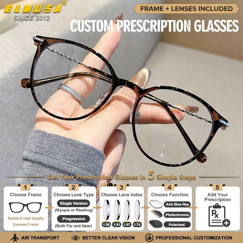 BLMUSA Lunettes de vue décontractées pour femme, protection UV, monture ronde rétro, verres progressifs photochromiques personnalisés
