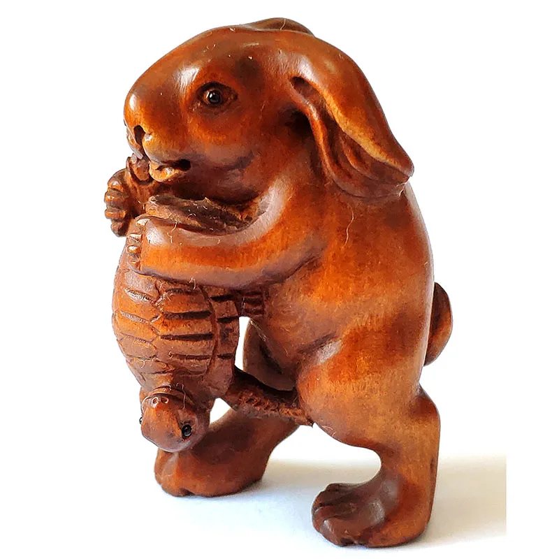 

Y8128 - 2 " Hand Carved Japanese Boxwood Netsuke Carving Figurine - Rabbit and Turtle Fun