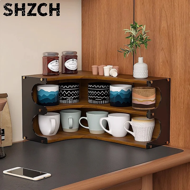 Rotatable Wooden Kitchen Organizer Coffee Corner Storage Shelf for Cups Bar Tools