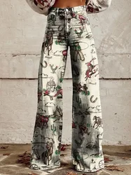 Pantalon évasé à motif de fleurs pour jeunes femmes, jean imprimé 3D, pantalon évasé, jambe large, rétro, nouvelle mode