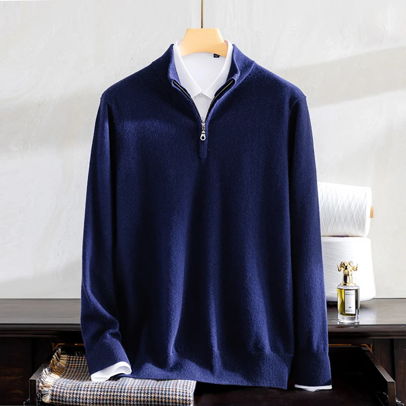 Class A 100% Pure Cashmere Sweater Men's Standing Neck Half Zippered Pullover Business Casual Knitted Base Sweater Autumn Winter