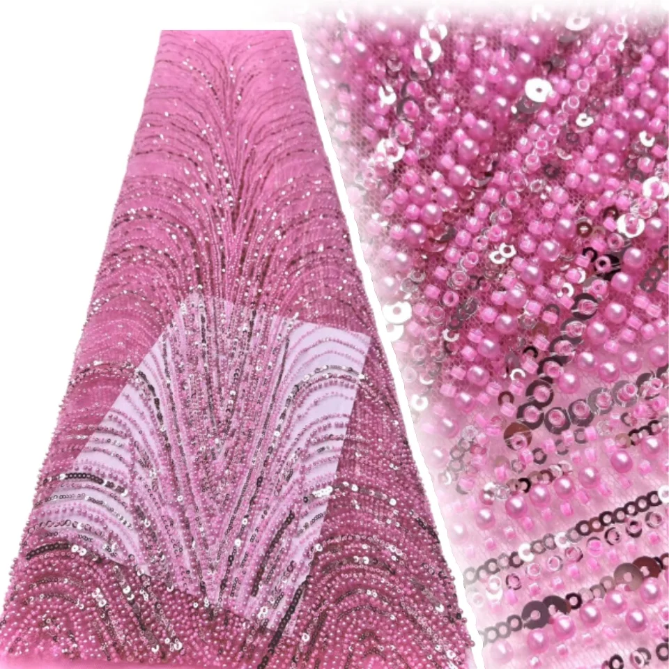 

Pink French Sequins Net Lace Fabric African Heavy Beads Lace Fabric Luxury Tulle for Bridal Evening Party Dress Sewing TP1222