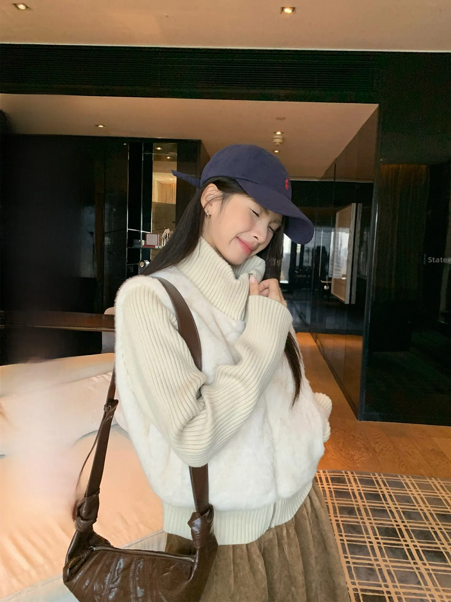 

Женский кардиган Ele осень-зима, вязаный свитер с длинными рукавами, воротником из овечьей шерсти, мягкий, из полиэфирного волокна