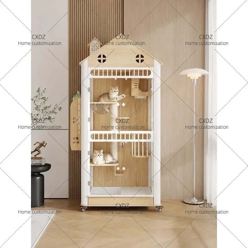 Large Indoor Cat Villa with Solid Wood and Steel Frame Multi Functional Pet House Nest Cage Integrated Toilet Spacious Design