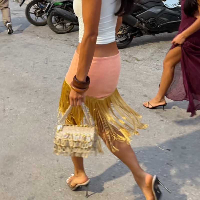 Women's Peach Fringe Bodycon Skirts Women Sexy V-shape Gold Fringe Slim Fit Midi Skirt 2026 Summer Beach Vacation Outfit New 18 S3d60aa601d844ce08e6ed2199b60b245v