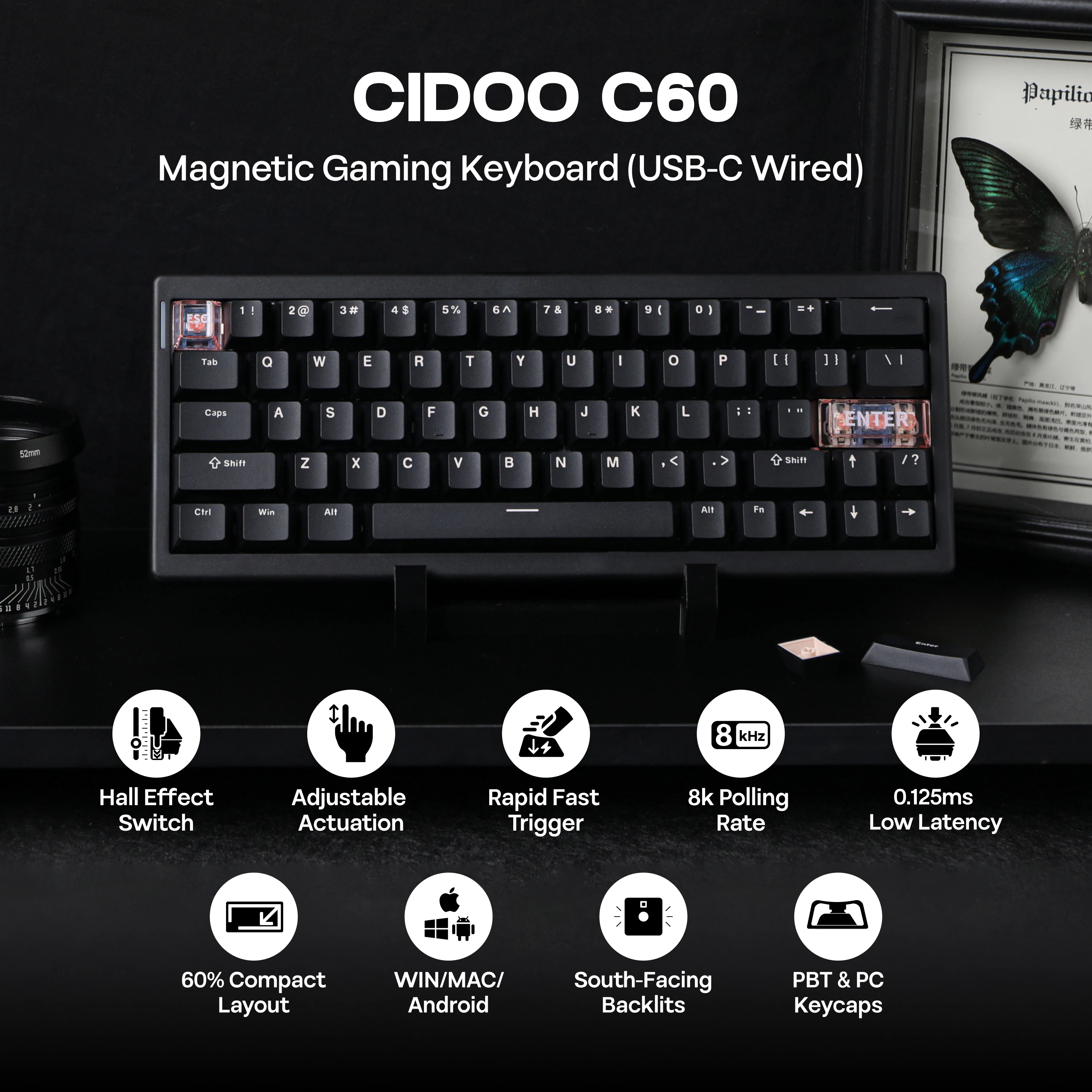CIDOO C60 HE, 63-клавишная компактная раскладка, проводная игровая клавиатура с возможностью горячей замены и магнитным переключателем с эффектом Холла, RGB-подсветка, частота заката 8K