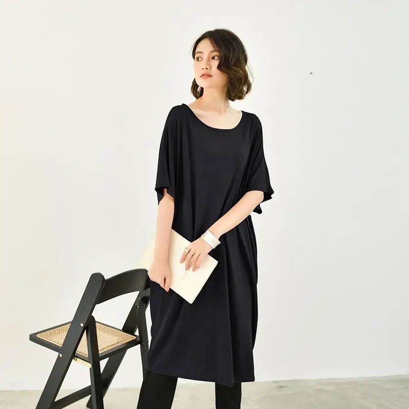 XSM été Vne t-shirt Dr femmes genou longueur décontracté taille ample Modal tissu ort Sve rond Ne basique Sle