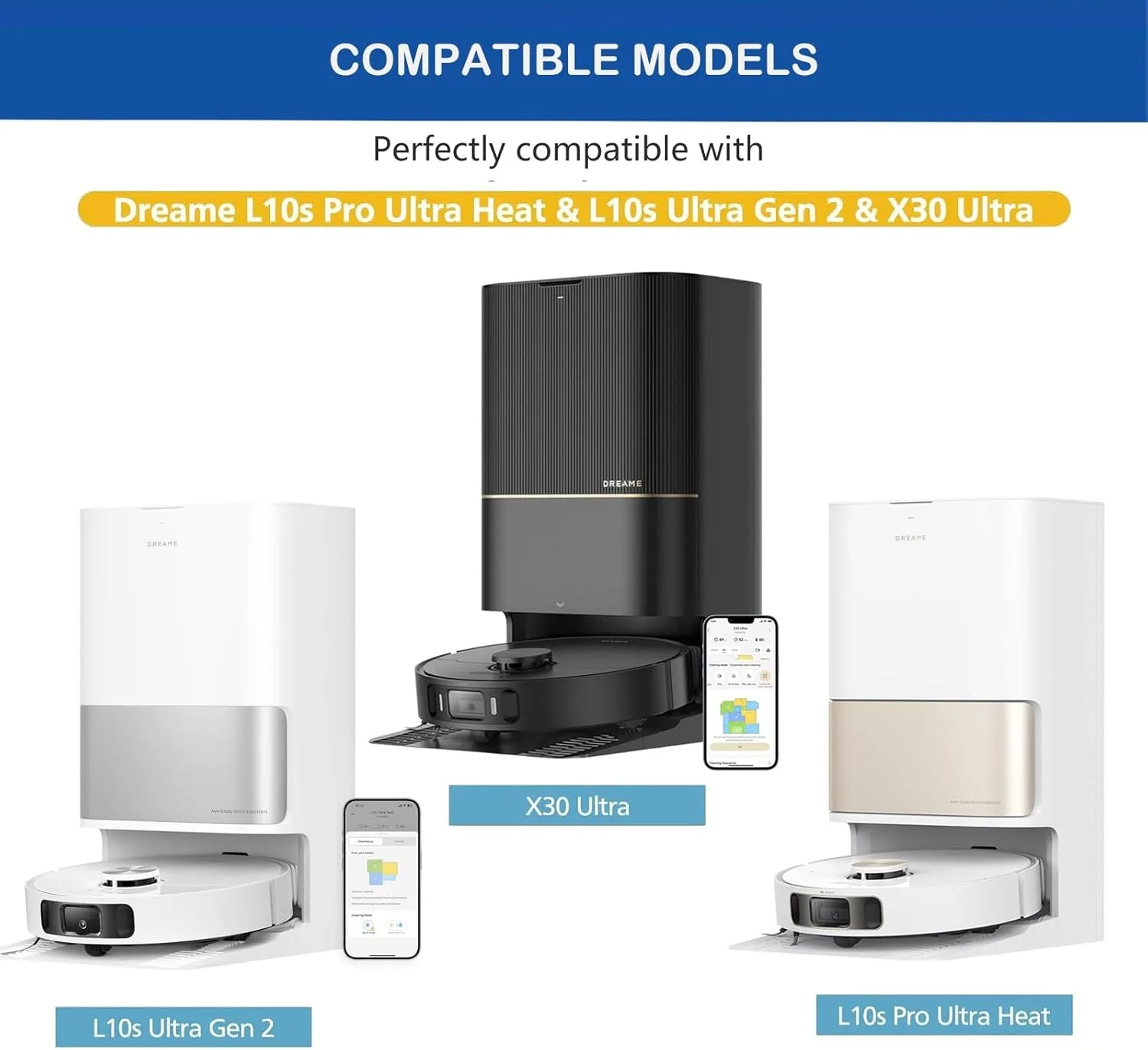 Dreame L10s Pro Ultra Heat، X30 Ultra، X30 Pro ملحقات المكنسة الكهربائية البديلة للفرشاة الجانبية الرئيسية وممسحة كيس الغبار