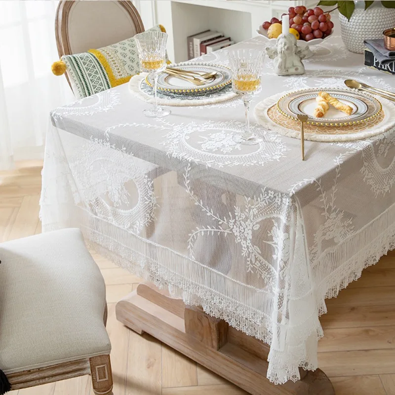 

Romantic French Lace Tablecloth Rectangular Lace Cover Cloth Nordic White Yarn Mesh Garden Tea Table Cloth Luxury Lace Tableclot