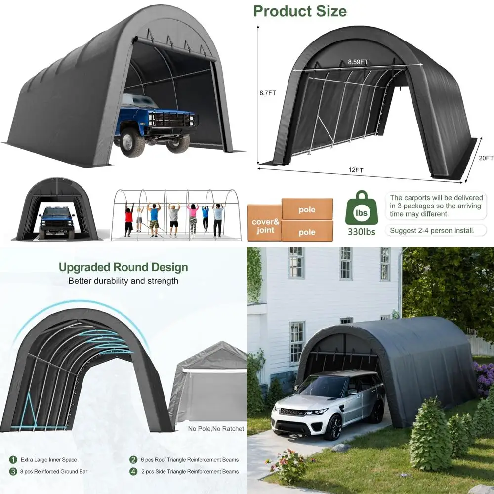 portable garage, carport canopy 12x20 ft heavy duty car port with reinforced all-steel frame, car tent garage with zipper doors