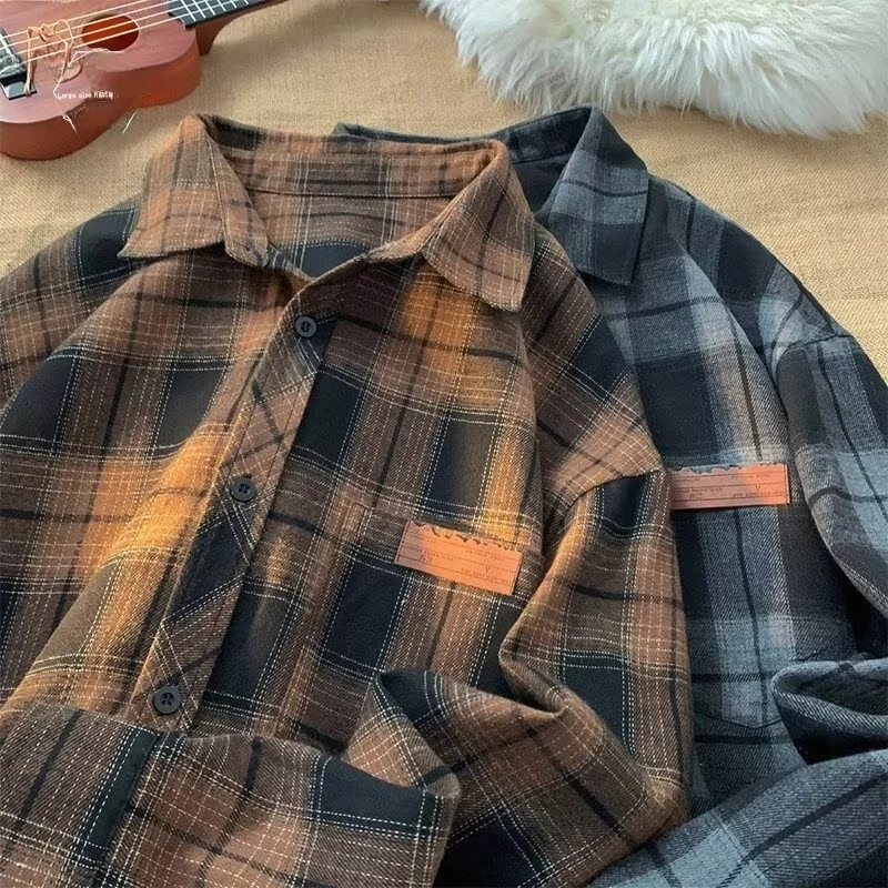 

Summer Large Size Men's Vintage Plaid Shirt Casual Loose Drapey Long Sleeve Outerwear Polyester Fabric Spring Youth Trend